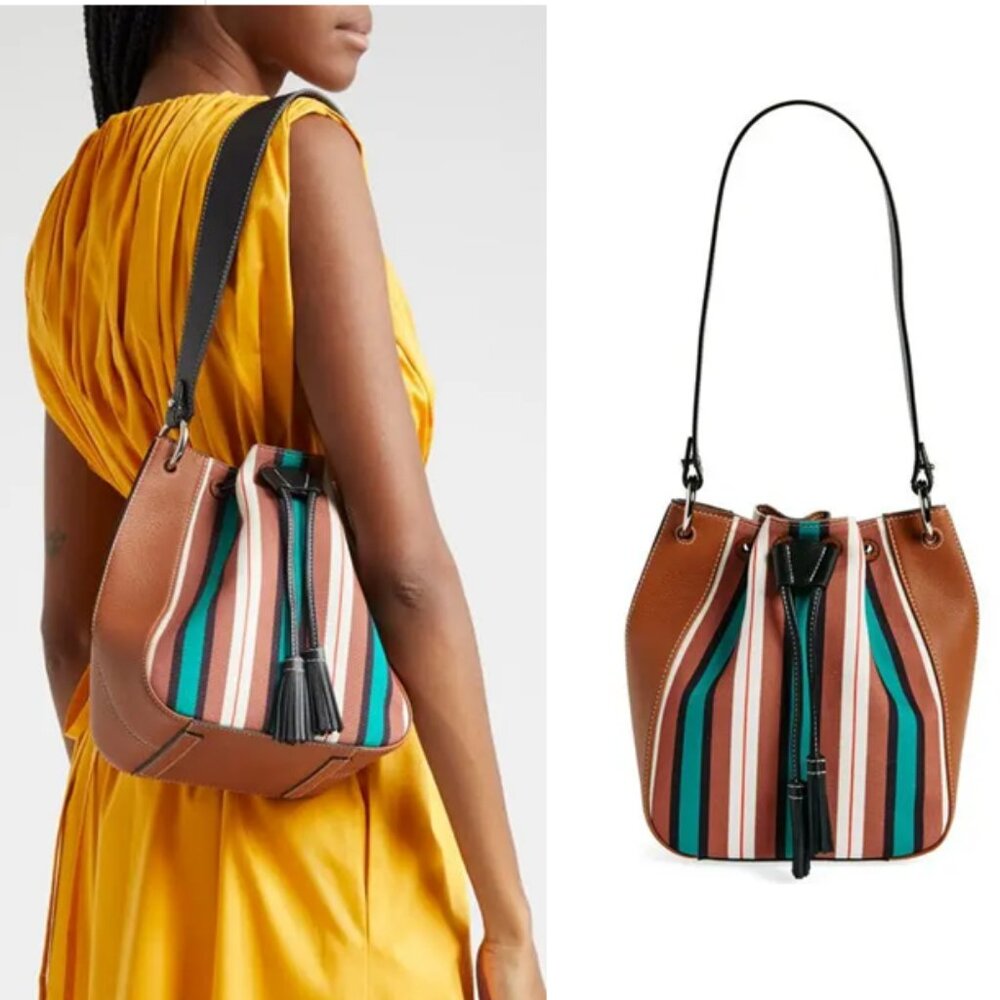 Strathberry x Collagerie Bollo Bucket Bag in Chestnut Stripe